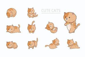 Chats mignons ludiques éléments de personnages de dessins animés illustrations ensemble de chats, conception de chatons moelleux heureux