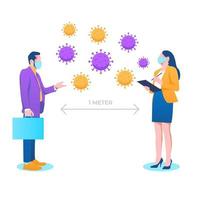 distanciation sociale, garder la distance dans la société publique pour se protéger du concept de propagation de l'épidémie de coronavirus covid-19, l'homme d'affaires et la femme se tiennent à distance lors de la rencontre avec les agents pathogènes du virus vecteur