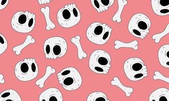 dessin animé de crâne et d'os dans un style doodle sur fond rose.