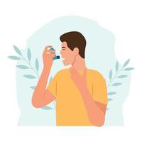 l'homme utilise un inhalateur d'asthme contre l'attaque. journée mondiale de l'asthme. allergie, asthme bronchique. illustration vectorielle vecteur