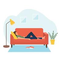 reposez-vous à la maison. femme endormie au canapé de la maison. personne relaxante. femme sieste après avoir lu un livre. illustration vectorielle.