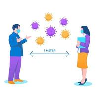 distanciation sociale, garder la distance dans la société publique pour se protéger du concept de propagation de l'épidémie de coronavirus covid-19, l'homme d'affaires et la femme se tiennent à distance lors de la rencontre avec les agents pathogènes du virus vecteur