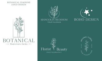 logo dessiné à la main d'élément floral botanique avec fleur et feuilles sauvages. logo pour spa et salon de beauté, boutique, magasin bio, mariage, designer floral, intérieur, photographie, cosmétique. vecteur