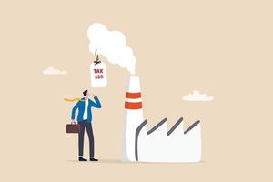 taxe sur le carbone, coût des émissions de co2 ou de la pollution, facturé pour le réchauffement climatique, le changement climatique et la responsabilité environnementale, homme d'affaires regardant la taxe sur le prix facturé sur la fumée de la cheminée d'usine.