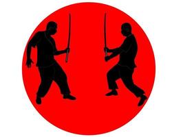 silhouettes noires d'hommes avec des épées japonaises dans le cercle rouge vecteur