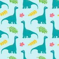 brachiosaure de dinosaure mignon avec plantes et fleurs tropicales, motif vectoriel harmonieux sur fond bleu, impression pour enfants pour vêtements, cartes postales