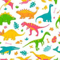 dinosaures drôles et plantes tropicales, impression colorée pour enfants pour tissu, cartes postales. modèle sans couture de vecteur