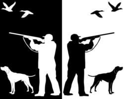 chasseur de silhouettes avec un chien sur fond blanc et noir vecteur