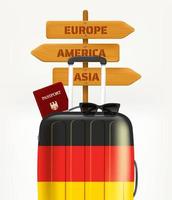 valise touristique allemande avec pointeur avec noms de continents. bannière de vecteur 3d avec espace de copie