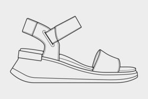 vecteur de dessin de contour de sandales à lanières, sandales à lanières dans un style de croquis, contour de modèle de formateurs, illustration vectorielle.