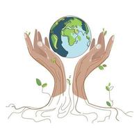 sauver le monde concept.planète terre dans des mains humaines avec feuillage et racines d'arbres sur un dessin de style croquis de fond blanc.changement climatique mondial.illustration vectorielle