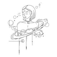 dessin au trait fille abstraite avec des planètes et des objets spatiaux autour, minimalisme art.woman portrait tatouage sketch.print design.abstract vector illustration linéaire.