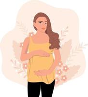 femme enceinte avec les mains sur son ventre. vecteur