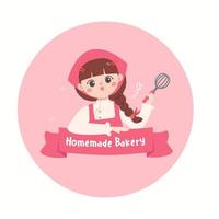 mignon chef en uniforme rose. boulangerie maison concept.flat design vector illustion pour logo boulangerie design.logo elements.braid hair chef.wearing arpon et chef uniform.sweet dessert label.