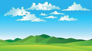 illustration vectorielle de beaux champs de paysage d'été, collines verdoyantes, couleur vive de ciel bleu, fond de pays dans le style de dessin animé de bannière plate vecteur