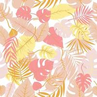 jolies couleurs pastel monstera et feuilles de palmier. vecteur transparente jaune, corail, beige tropique laisse motif de plantes de la jungle en couches. convient au papier peint, à l'emballage et à l'arrière-plan exotiques d'été de la mode.