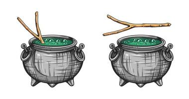 chaudron de sorcière avec potion verte, brassage de sorcières bouillonnantes. illustration vectorielle