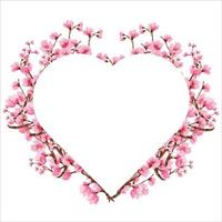carte de voeux florale de fleurs de cerisier et modèle d'invitation pour un anniversaire de mariage ou d'anniversaire, forme de coeur de vecteur d'étiquette et de cadre de zone de texte, style de lierre de couronne de fleurs de sakura avec branche