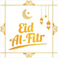 effet de texte doré eid al-fitr sur fond blanc, festival musulman eid al-fitr bel effet de texte, eid al-fitr, doré, blanc, éléments, mosquée musulmane, lune et étoile dorées, lampe dorée. vecteur