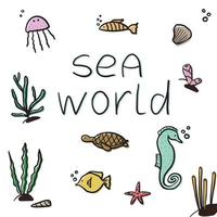 ensemble d'habitants sous-marins style doodle, illustration vectorielle isolée sur fond blanc. poissons, algues, coquillages et mots. concept de monde de la mer, contour noir vecteur