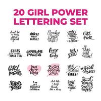 Ensemble de 20 citations sur le pouvoir des filles. lettrage au pinceau manuscrit inspirant. illustration de stock de calligraphie vectorielle isolée sur fond blanc. typographie pour bannières, badges, cartes postales, t-shirts, impressions. vecteur