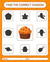 trouver le bon jeu d'ombres avec cupcake. feuille de travail pour les enfants d'âge préscolaire, feuille d'activité pour enfants vecteur