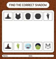 trouvez le bon jeu d'ombres avec l'icône d'halloween. feuille de travail pour les enfants d'âge préscolaire, feuille d'activité pour enfants vecteur