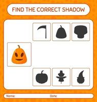 trouver le bon jeu d'ombres avec jack o' lantern. feuille de travail pour les enfants d'âge préscolaire, feuille d'activité pour enfants vecteur