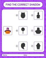 trouver le bon jeu d'ombres avec jack o' lantern. feuille de travail pour les enfants d'âge préscolaire, feuille d'activité pour enfants vecteur