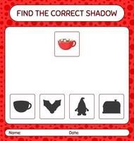 trouvez le bon jeu d'ombres avec de la guimauve sur du chocolat chaud. feuille de travail pour les enfants d'âge préscolaire, feuille d'activité pour enfants vecteur