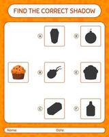 trouver le bon jeu d'ombres avec cupcake. feuille de travail pour les enfants d'âge préscolaire, feuille d'activité pour enfants vecteur