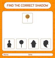 trouver le bon jeu d'ombres avec sucette. feuille de travail pour les enfants d'âge préscolaire, feuille d'activité pour enfants vecteur