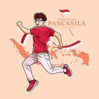 jour pancasila. jeune garçon saute joyeusement illustration vectorielle téléchargement pro vecteur