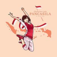 jour pancasila. jeune fille saute joyeusement illustration vectorielle téléchargement pro vecteur