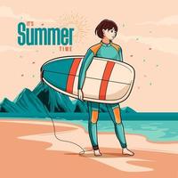 c'est l'heure d'été. jeune fille va à la plage avec une illustration vectorielle de planche de surf téléchargement gratuit vecteur