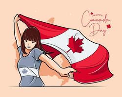 jour du Canada. jeune fille tient le drapeau canadien heureusement illustration vectorielle téléchargement pro vecteur