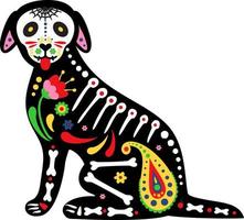 jour des morts, dia de los muertos, crâne d'animal et squelette décorés d'éléments mexicains colorés et de fleurs. squelette de chien. fiesta, halloween, affiche de vacances, fête. illustration vectorielle