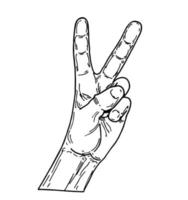 croquis de main de paix. signe de paix. main de comptage isolé sur fond blanc. geste avec les doigts levés montrant le numéro deux. vecteur