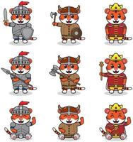 illustrations vectorielles de personnages de tigres dans diverses tenues médiévales. vecteur