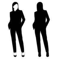 le contour d'une silhouette noire et blanche d'une fille élégante et mince dans un costume à la mode debout. modèle adulte.