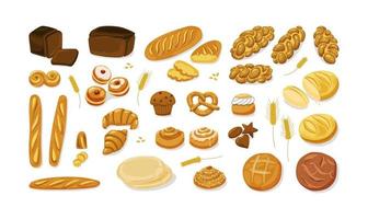 pain. divers produits de boulangerie-pâtisserie - pain de seigle, de blé et de grains entiers, baguette française, croissant, bagel, petit pain, tranches de pain grillé, beignet, brioche, kanelbulle, chalah. jeu d'icônes de dessin animé vectoriel. vecteur