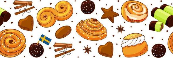 frontière transparente de bonbons suédois traditionnels. brioche kanelbulle, brioche à la cannelle, pepparkakor, semla, lussekatt, dammsugare et chokladboll. illustration de dessin animé de vecteur