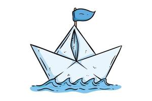 bateau en papier sur l'eau avec doodle ou style dessiné à la main vecteur