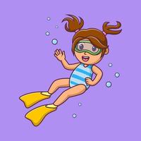 dessin animé petite fille plongeur, jolie fille de dessin animé plongeant en été, illustration de dessin animé de vecteur