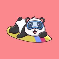 panda de dessin animé allongé sur la planche de surf, panda de dessin animé mignon à la fête d'été, illustration de dessin animé vectoriel