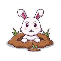 dessin animé mignon de lapin hors du trou de lapin, lapin de dessin animé en vacances d'été, illustration de dessin animé de vecteur