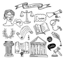 un ensemble de symboles de droit et de justice, un doodle de style croquis dessiné à la main. Justice. Grèce. themis a les yeux bandés. couronne de laurier. balance de la justice. une collection d'éléments de dessin animé adaptés à l'infographie vecteur