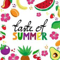 cadre d'été, bannière avec fruits et feuilles exotiques, illustration vectorielle d'été en style cartoon. pastèque, mangue, banane, fraise et cerise. fond d'été lumineux vecteur