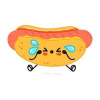 mignon personnage de hot-dog triste. icône d'illustration de personnage de dessin animé kawaii dessiné à la main de vecteur. isolé sur fond blanc. concept de personnage de hot-dog triste vecteur