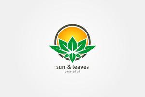 soleil et feuilles logo paisible pour spa, communauté de yoga, village, chalet, produit de santé naturel vecteur